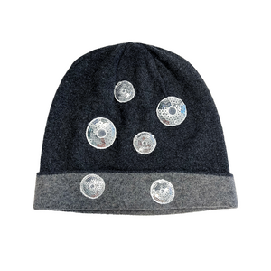 Reversible Beanie with Silver Sequin Circles - Heather Charcoal & Medium Heather Grey