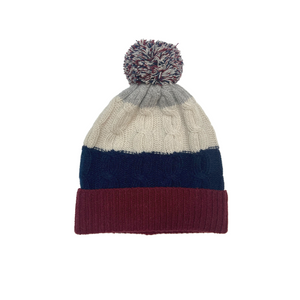 3 Color Cable Knit Cuff Beanie with Pom-Pom