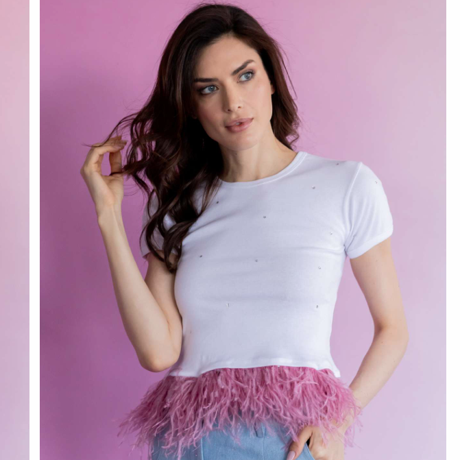 Cotton Short Sleeve T-shirt w. Swarovski Crystals & Feather Trim
