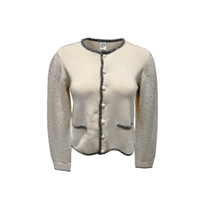 Cashmere Cardigan with Contrast Tweed Edge & Studded Sleeves