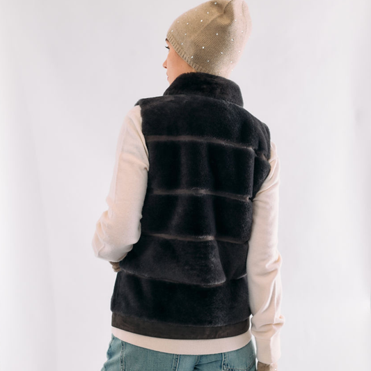 Sleeveless Shearling Vest w. Collar - Brown