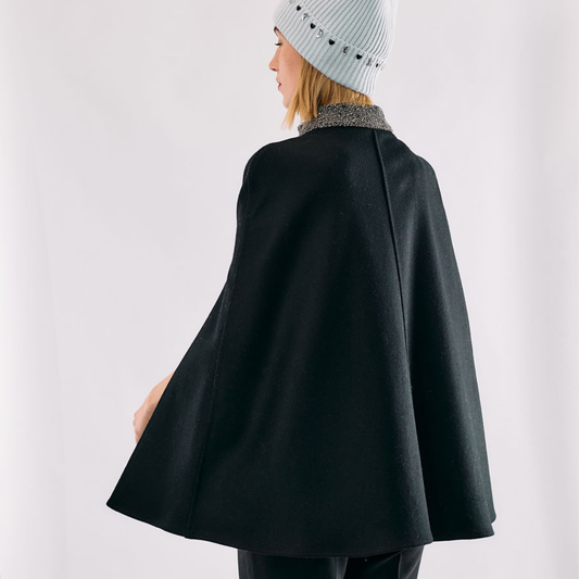 Cashmere Wool Cape with Beaded Collar - Black