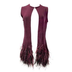 Mid Length Cashmere Vest with Ostrich Feather Hem - Burgundy