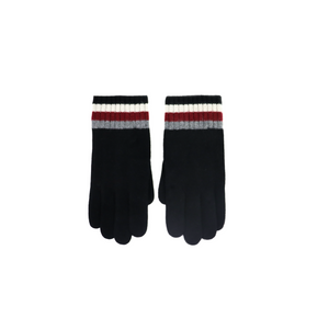 Men's Cashmere Full Finger Gloves w. Striped Ribbed Cuff - Black w. Grey. Rum and Yogi
