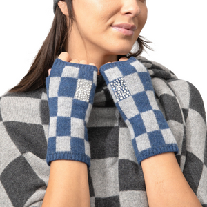 Cashmere Checkered Short Fingerless Gloves w. Swarovski Embellished Tab