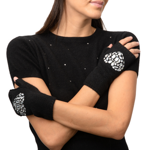 Cashmere Short Fingerless Gloves w. Mixed Crystal Hearts
