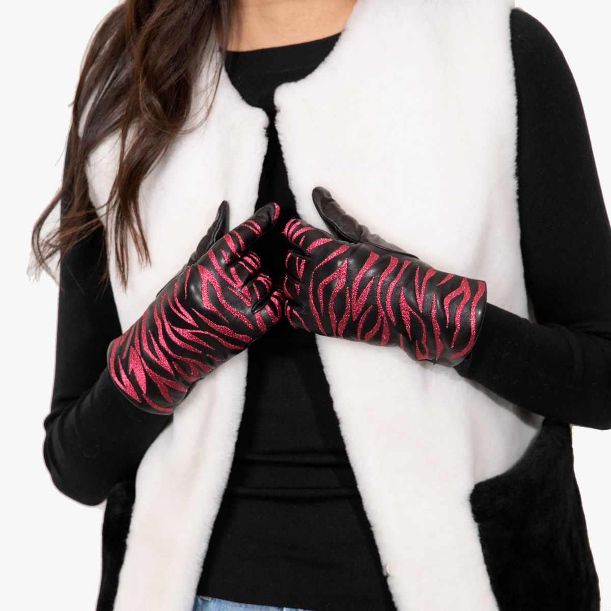 Full Finger Leather Gloves with Zebra Print Carolyn Rowan Collection