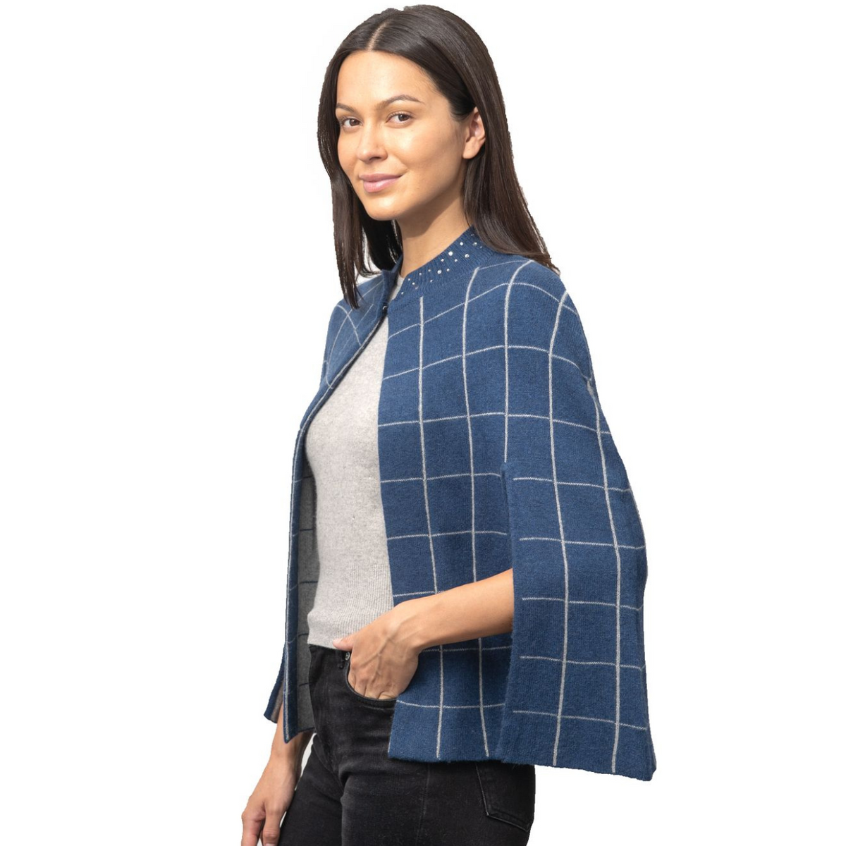 Cashmere Window Pane Cape with Side Slits & Crystal Neckline Denim
