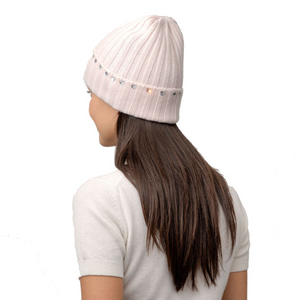 Cashmere Ribbed Cuff Beanie w. Crystal Hearts