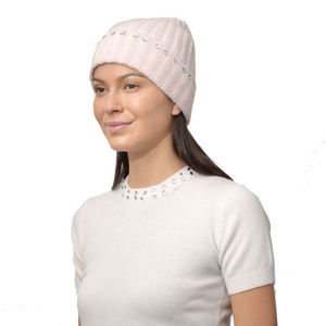 Cashmere Ribbed Cuff Beanie w. Crystal Hearts