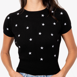 Cashmere Short Sleeve Sweater with Embroidered Stars