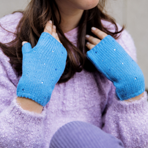Kids Short Fingerless Gloves w. Two Tone Crystals - Pottery Blue