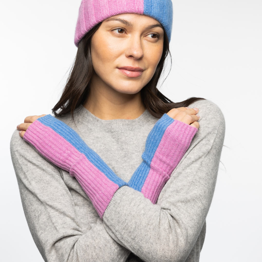 Cashmere Color Block Long Fingerless Gloves Pottery Blue & Hot Pink