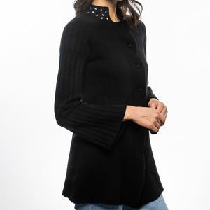 Cashmere Mid Length Car Coat with Crystal Neckline