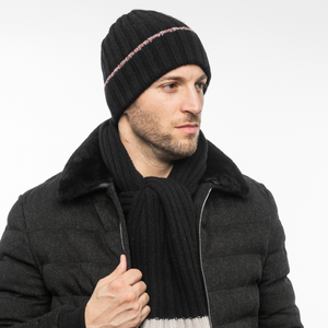 Men's Ribbed Cashmere Beanie w. Cuff and Tweed Edge - Black