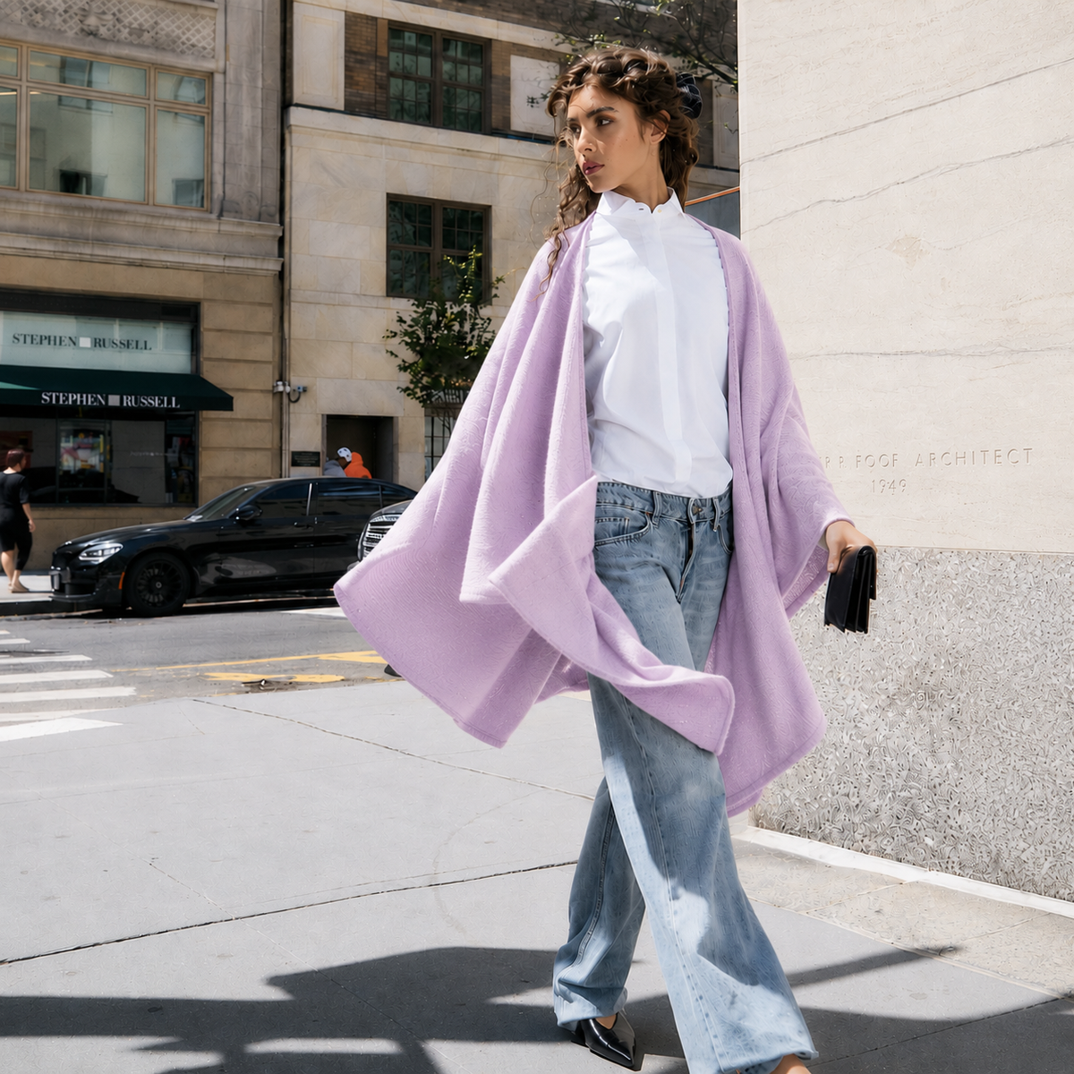 Cashmere Wool Knit Ruana with Scattered Crystals - Lavender