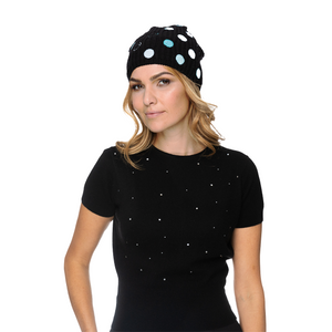 Ribbed Merino Baggy Beanie with Smile Faces - Black w. Blues