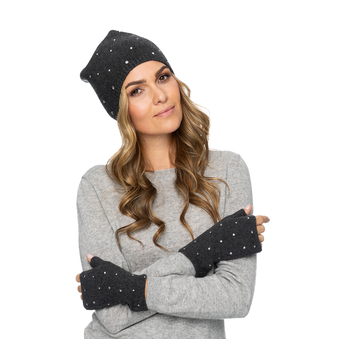 Cashmere Slouchy Beanie w. Swarovski Crystals All Over Heather