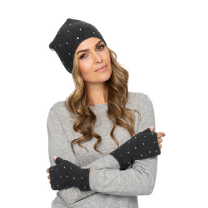 Cashmere Slouchy Beanie w. Swarovski Crystals All Over - Heather Charcoal