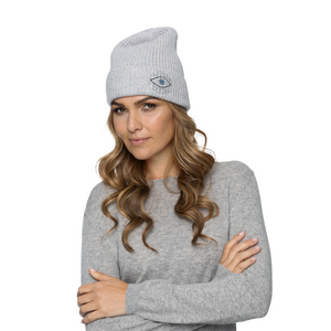 Cashmere Ribbed Cuff Beanie with Evil Eye Medallion