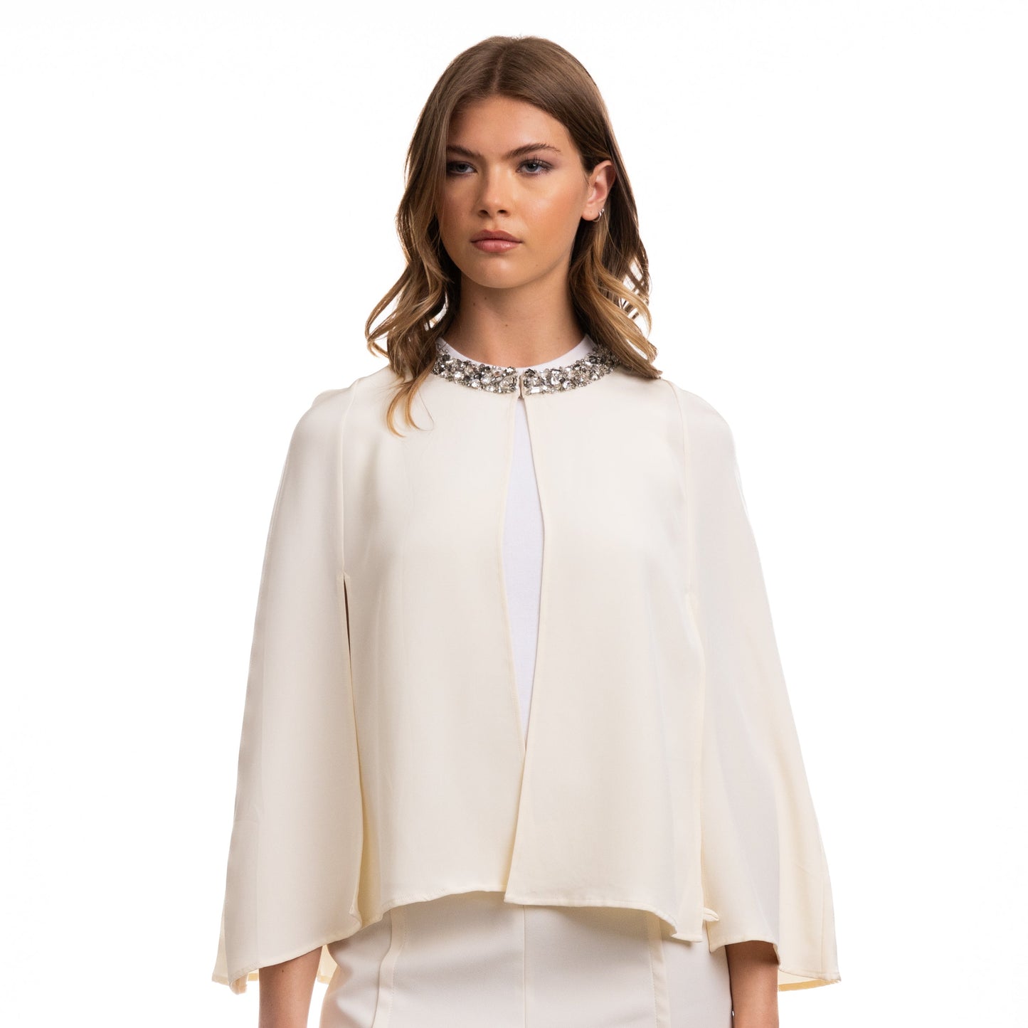 Silk Georgette Crepe Cape w. Swarovski Hand Beaded Neckline