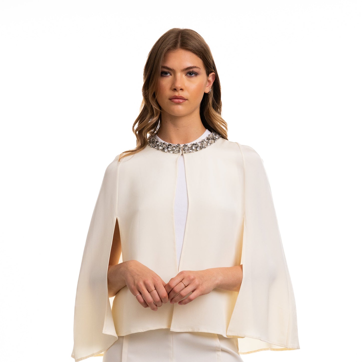 Silk Georgette Crepe Cape w. Swarovski Hand Beaded Neckline