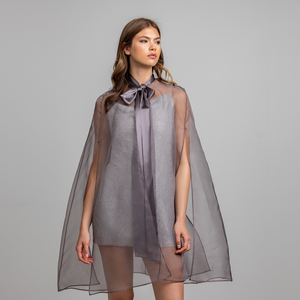 Silk Organza Cape cape with side slits & tie collar - Dark Silver
