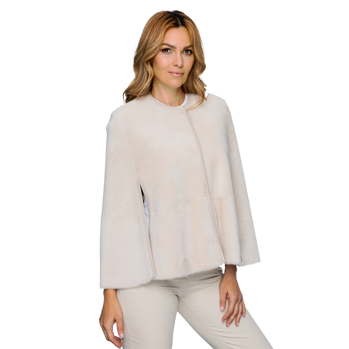 Shearling Reversible Open Front Cape - Yogi Ivory