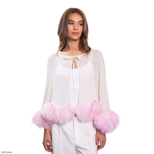 Barbie X Carolyn Rowan Beaded Silk Chiffon Cape with String Bow & Ostrich Trim - White / Pink Feathers