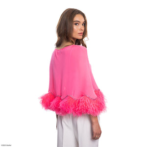 Barbie X Carolyn Rowan Silk Scalloped Cape w. Ostrich Feathers & Beaded Edge - Hot Pink