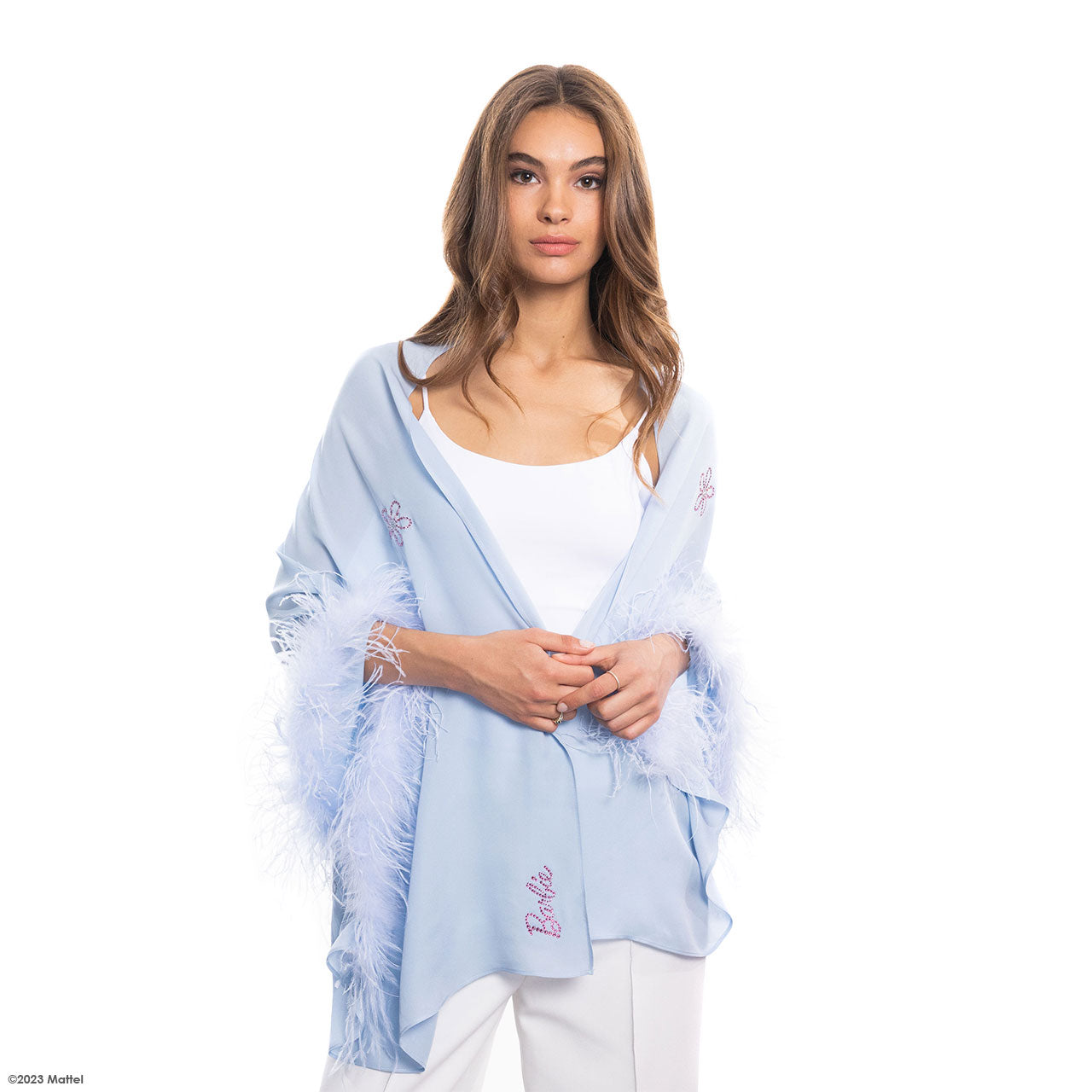 Silk Shawl w. Swarovski Crystal Flowers & Ostrich Feather Edge - Light Blue