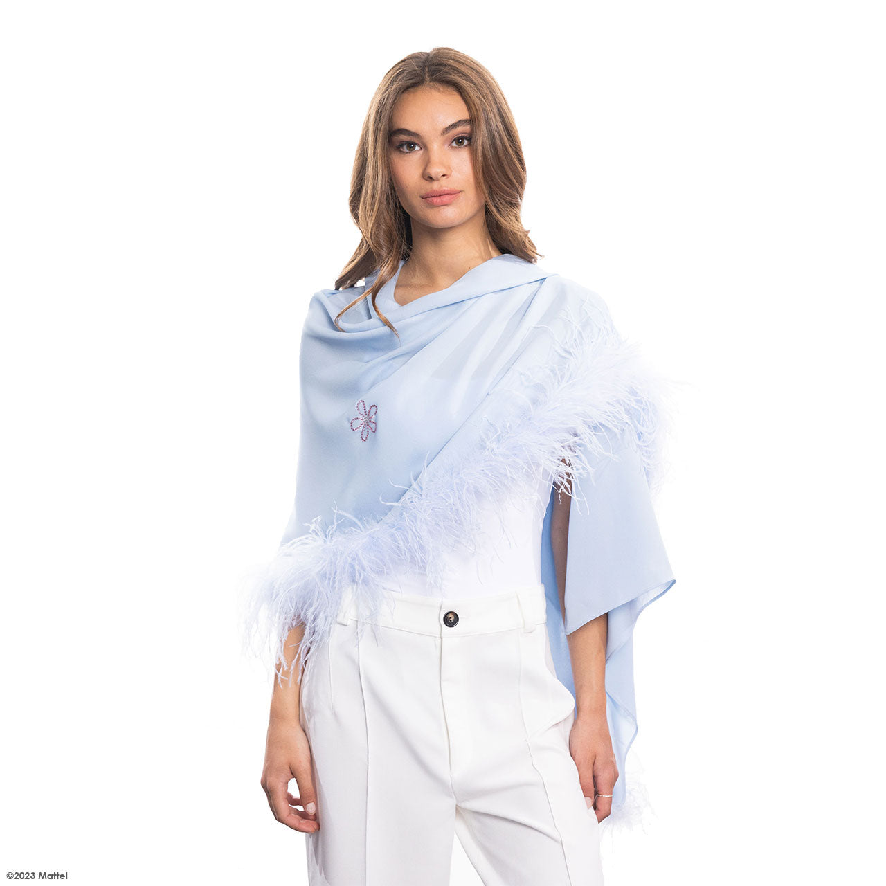 Silk Shawl w. Swarovski Crystal Flowers & Ostrich Feather Edge - Light Blue