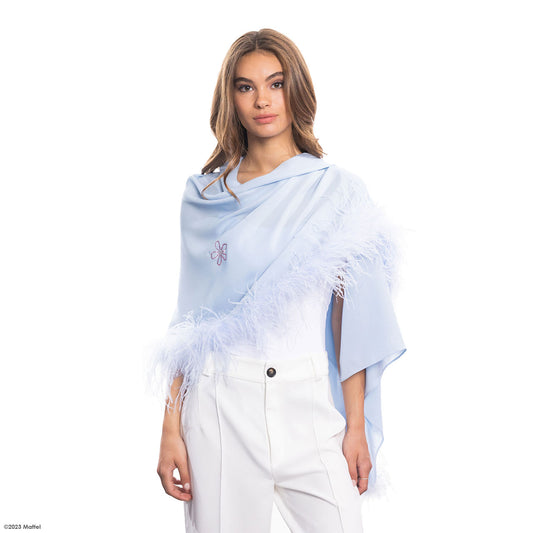 Silk Shawl w. Swarovski Crystal Flowers & Ostrich Feather Edge - Light Blue