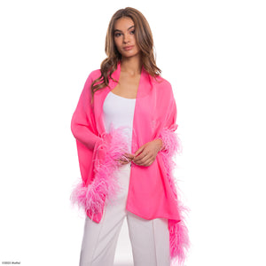 Barbie X Carolyn Rowan Silk Shawl w. Swarovski Crystal Flowers & Ostrich Feather Edge - Hot Pink