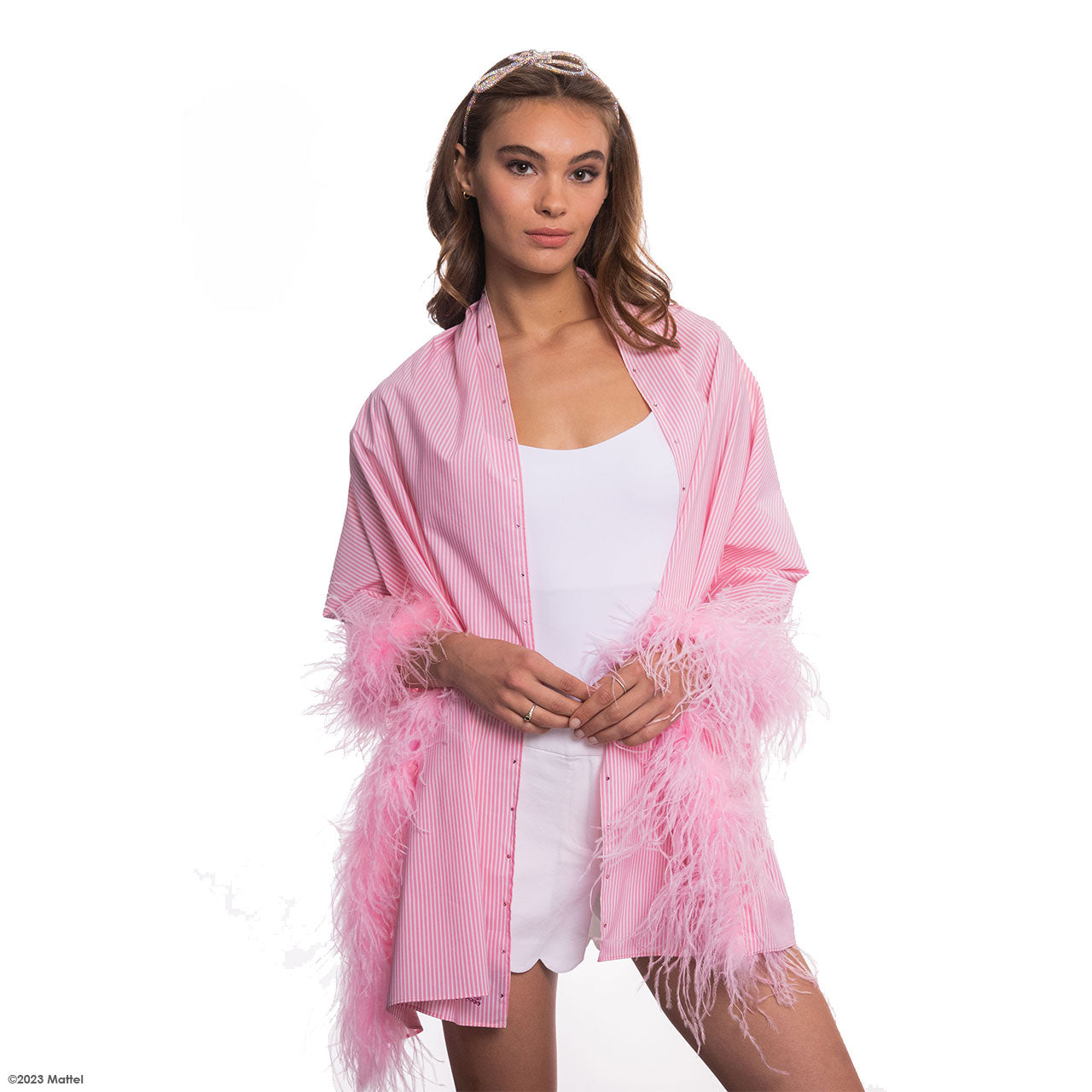 Striped Cotton Shawl w Swarovski Crystal Row & Feather Trim