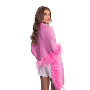 Silk Georgette Shawl with Feather Trim - Hot Pink