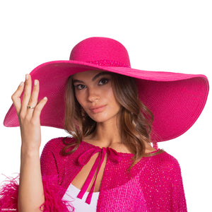 Barbie X Carolyn Rowan Oversized Beach Hat w. Beaded Silk Band and Crystal B Flower - Hot Pink