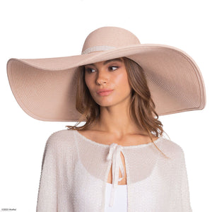 Barbie X Carolyn Rowan Oversized Beach Hat w. Beaded Silk Band and Crystal B Flower - Blush