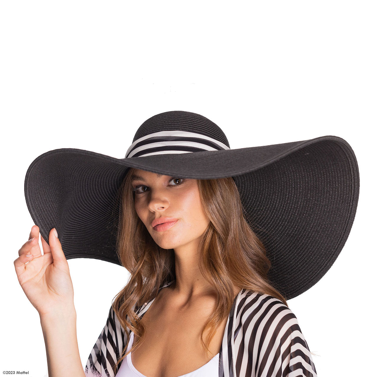 Oversized Beach Hat w. Flower on Striped Silk Band