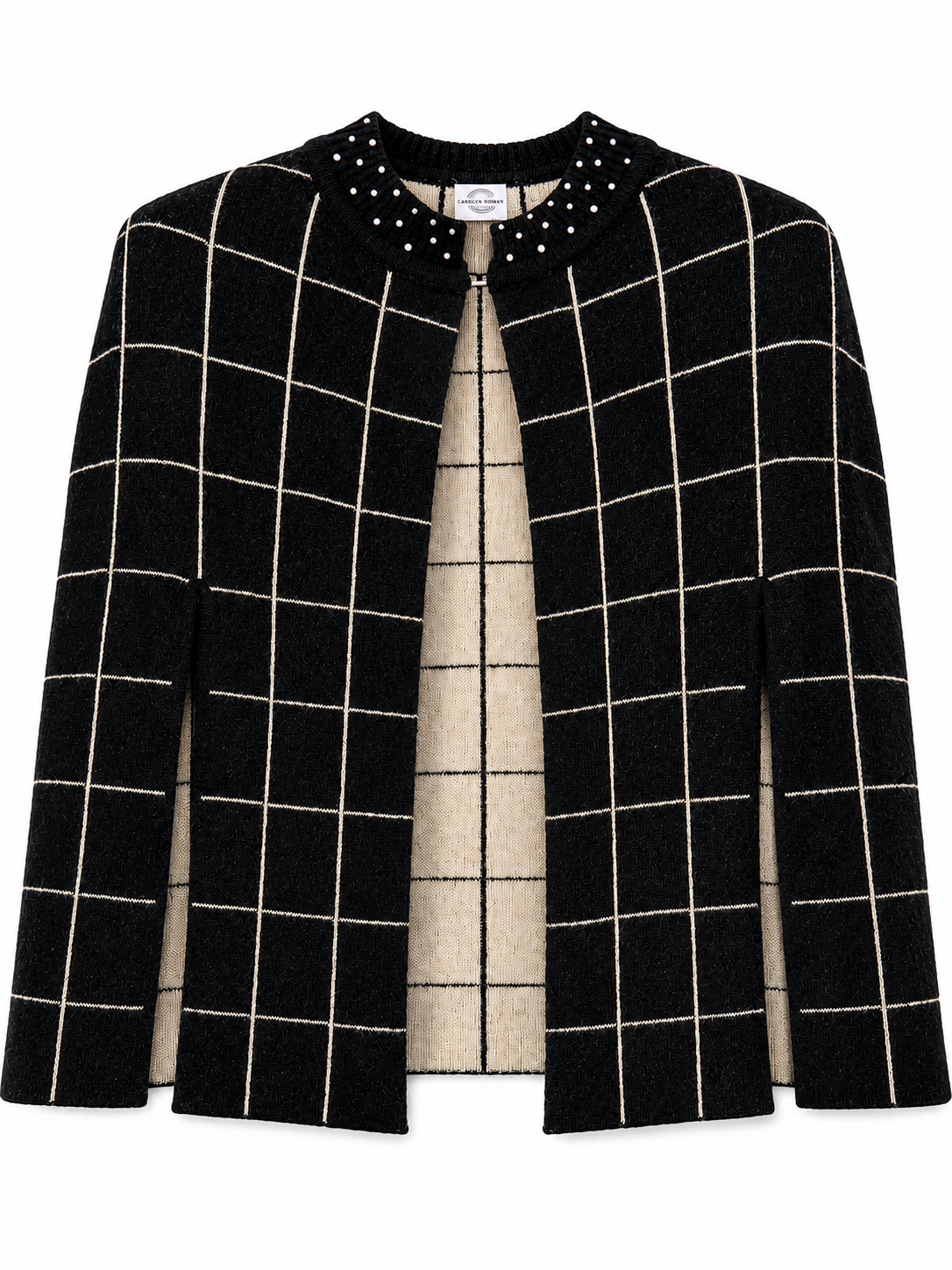 Cashmere O[pen Front Cape with pattern and scattered crystals on neck- Black