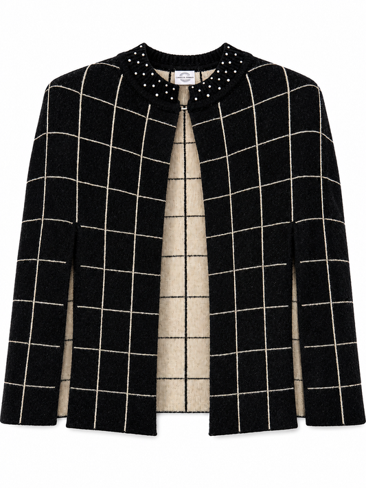 Cashmere O[pen Front Cape with pattern and scattered crystals on neck- Black