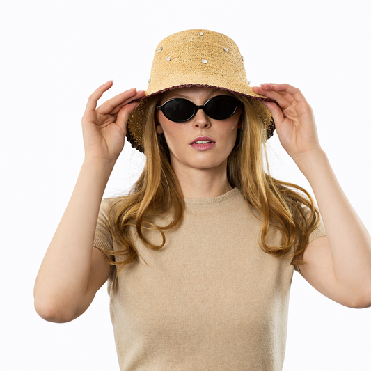 Summer Straw Hat w. Scattered Crystals - Natural with Burgundy Trim