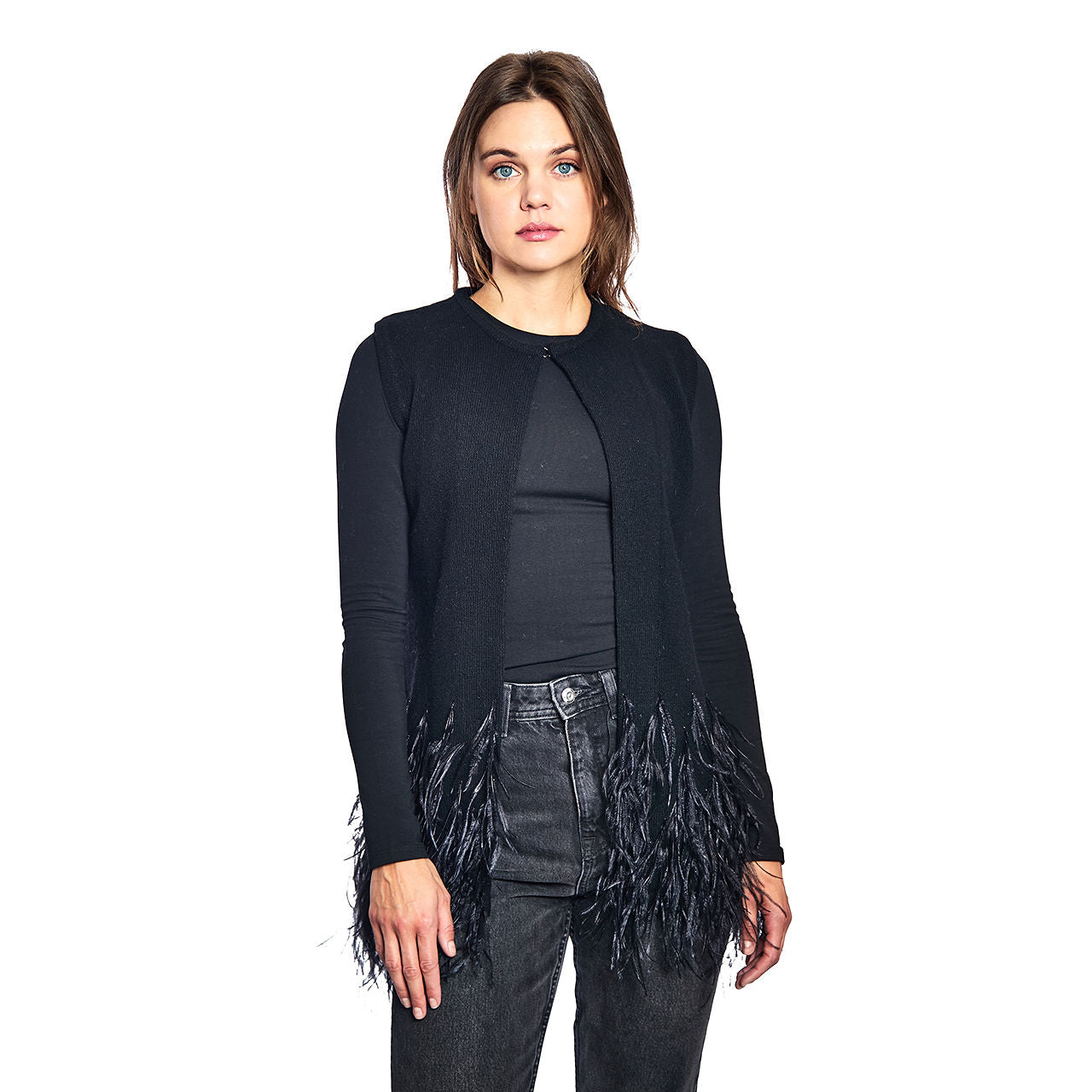 Mid Length Cashmere Vest w. Ostrich Feather Hem