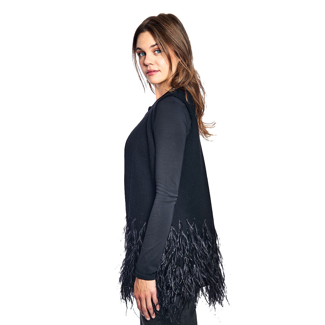 Mid Length Cashmere Vest w. Ostrich Feather Hem