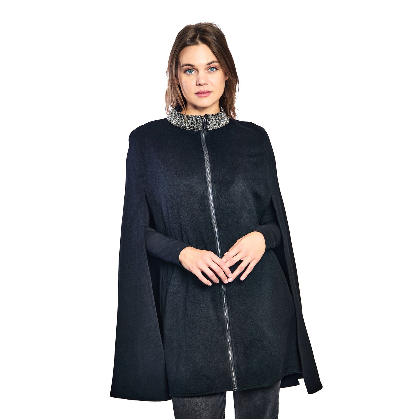 Wool Cape w. Front Zipper & Hand Embroidery Collar - Black