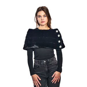 Faux Fur Emilia Shrug w. Flower Buttons - Black