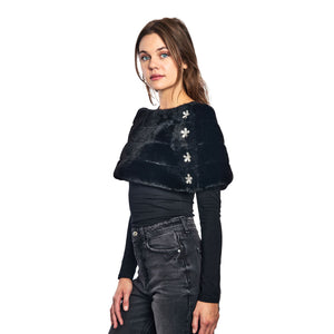 Faux Fur Emilia Shrug w. Flower Buttons - Black