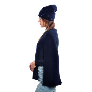 Cashmere Slouchy Beanie w. Scattered Swarovski Crystals - Navy