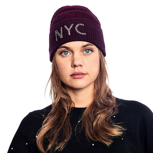 Thin Ribbed Cuffed Cashmere Hat with NYC Hotfix