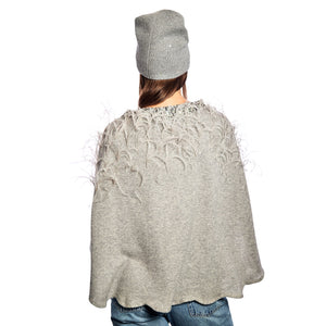 Cashmere Scalloped Open Front Cape w. Scattered Feathers & Beaded Neckline